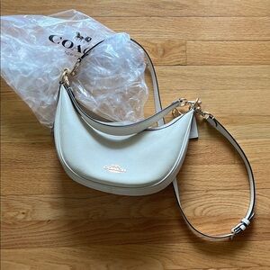 Coach Aria White Pebble Leather Crescent Shoulder Bag Chalk with Gold Hardware